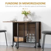 Tavolo Pieghevole con 6 Ruote e Mensola Stile Industriale in Legno e Metallo, Marrone Chiaro