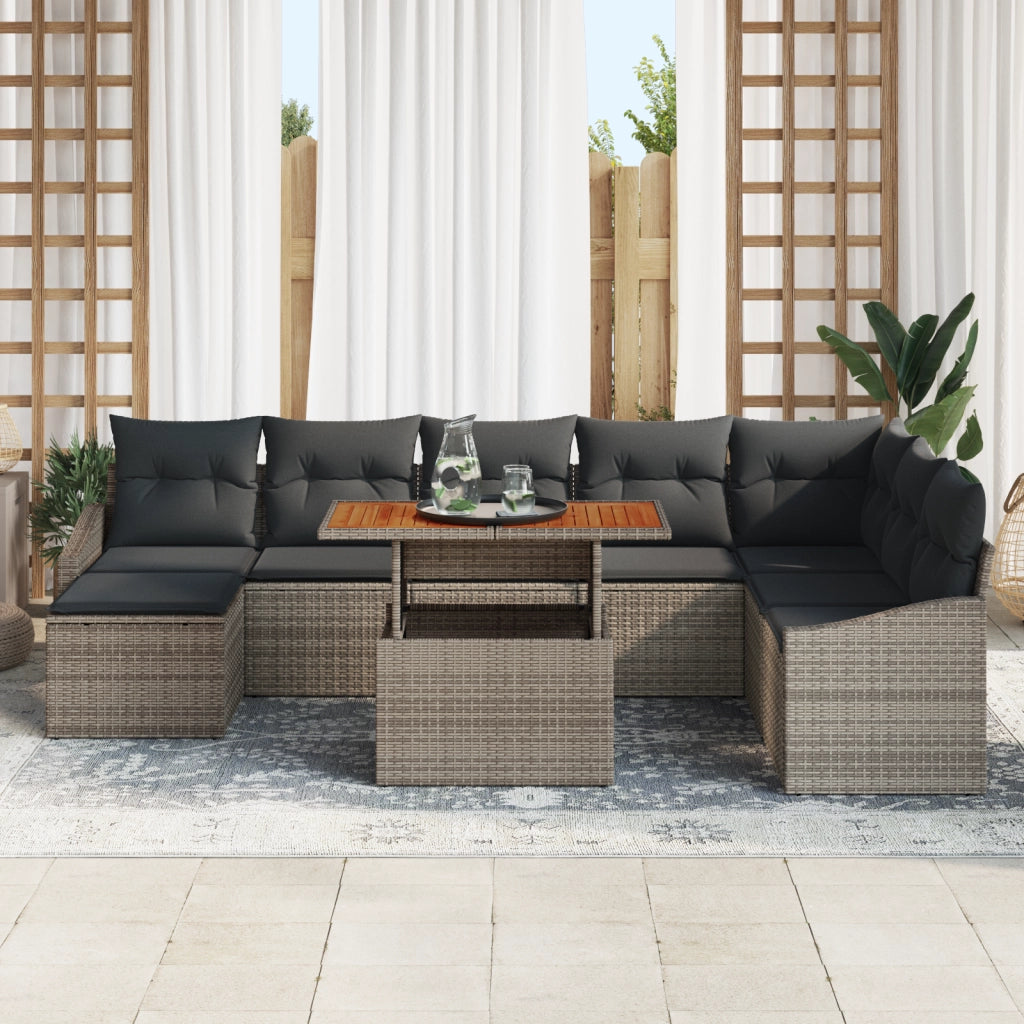 Set divano da giardino da 9 pezzi con cuscini grigio polyrattan