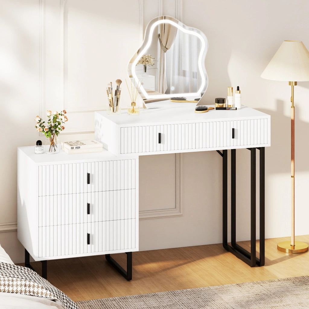 Toeletta specchio luci 3 colori luminosità regolabile 5 cassetti fluted metallo-Tavolo trucco tavolino laterale moderno Bianco