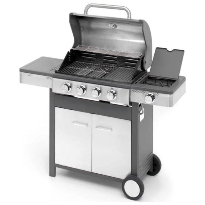 Ompagrill Barbecue a Gas Inox 4 Bruciatori con Fornello Laterale Termometro Griglia Ghisa Smaltata 133x58x115.5 cm