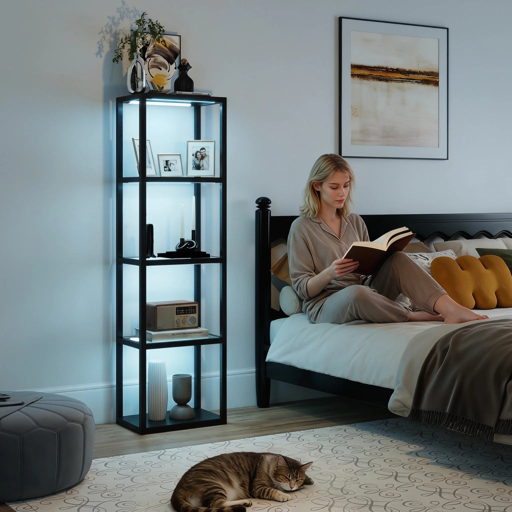 Lampada da Terra LED RGB con Mensole in Vetro ¨C Xylo ¨C 4 Ripiani Telecomando Sincronizzazione Musicale Nero