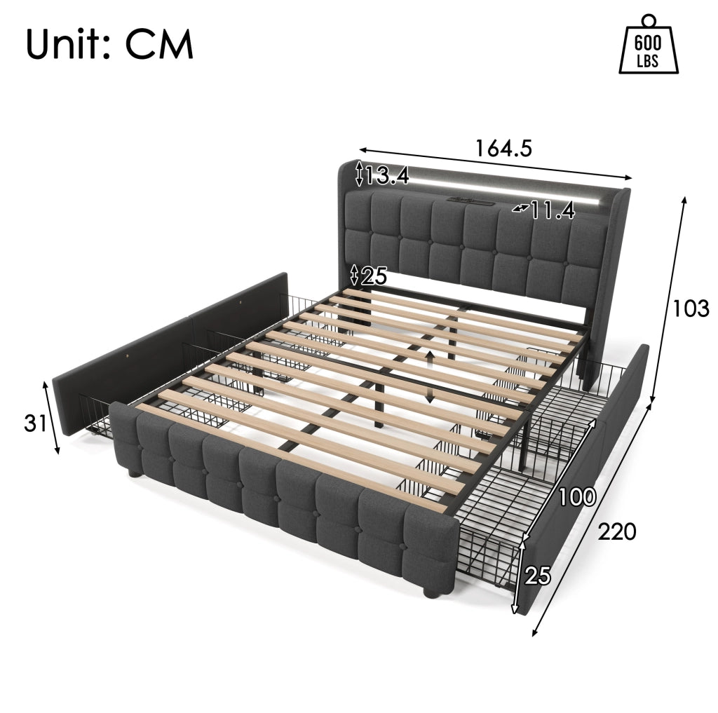 Letto matrimoniale 160x200 cm con LED; prese USB e 4 cassetti; legno grigio