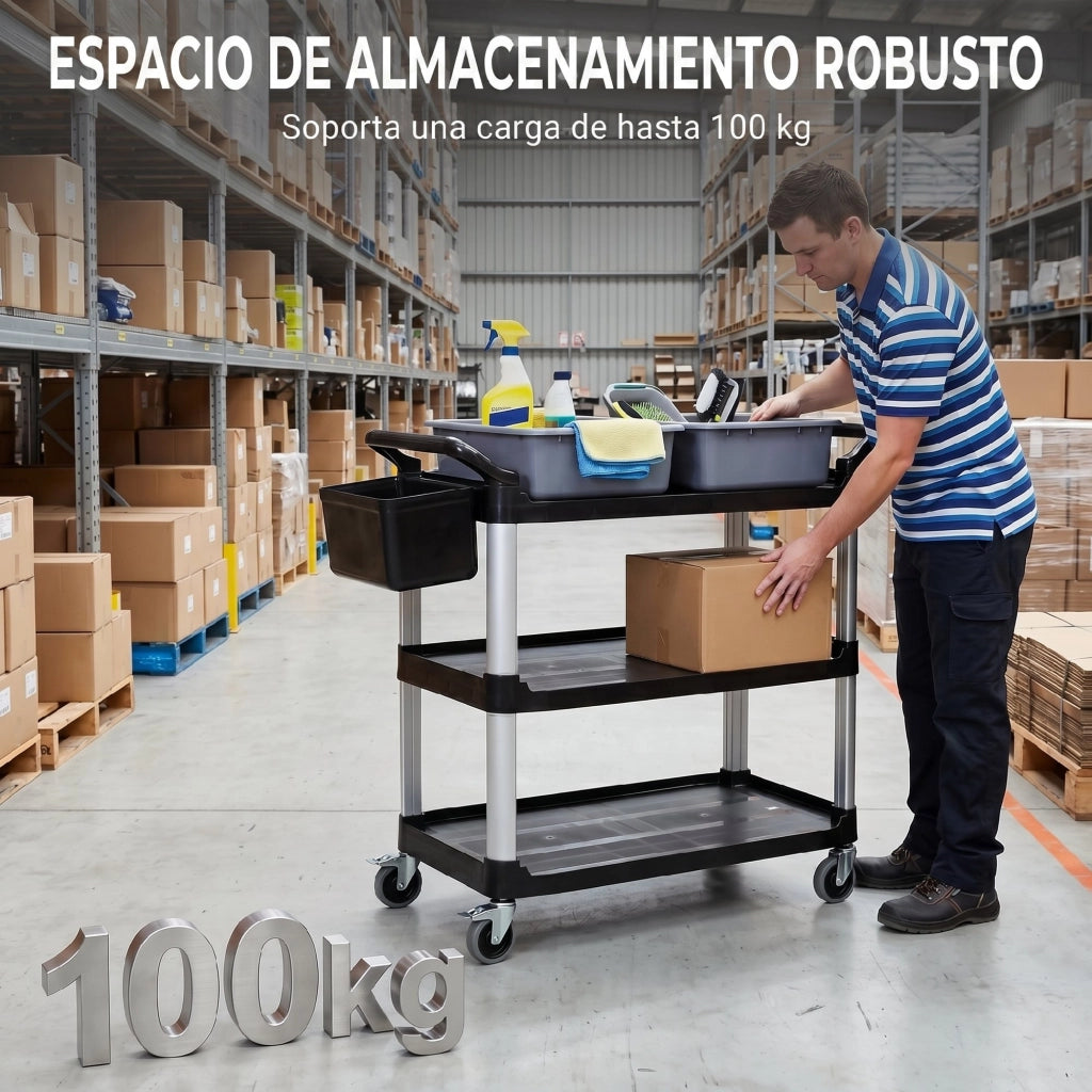 Carrello per Pulizie con 3 Ripiani 2 Contenitori e Secchio Laterale ¨C zephmum ¨C Nero 100 kg