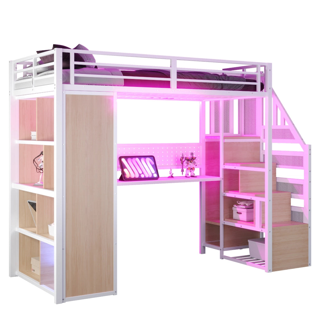 Letto a soppalco 90x200 cm bianco in metallo e MDF con scrivania e armadio