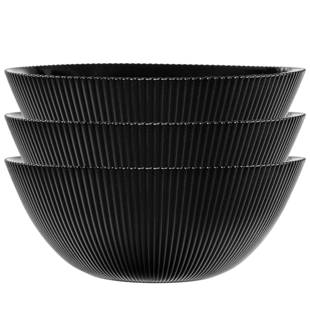 Set di 3 ciotole da insalata KADAX in vetro da 20 cm per zuppe e snack, nere, scanalate.