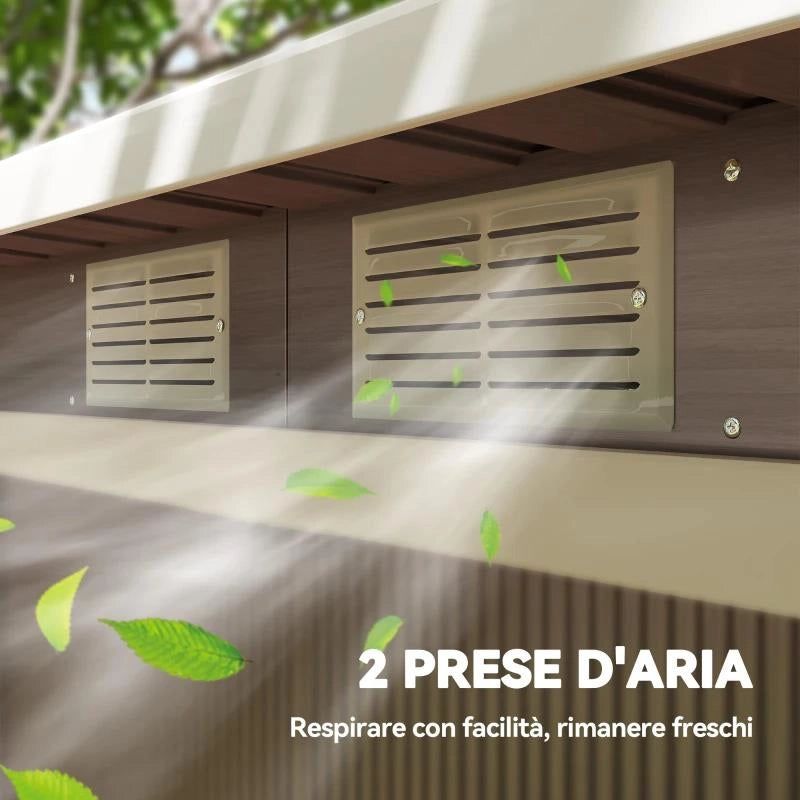 RIPOSTIGLIO DA GIARDINO IN ACCIAIO CON 2 PRESE D'ARIA E 2 PORTE SCORREVOLI, 280X130X172 CM, MARRONE LEGNO