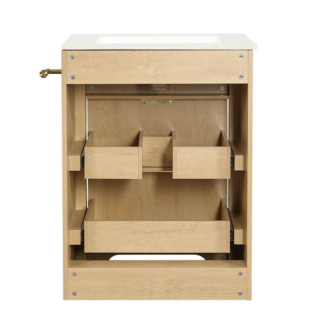 Mobile sottolavabo con lavabo in ceramica, 2 cassetti e portarotolo reversibile, per bagno, in MDF, naturale, 61 × 47 × 82 cm