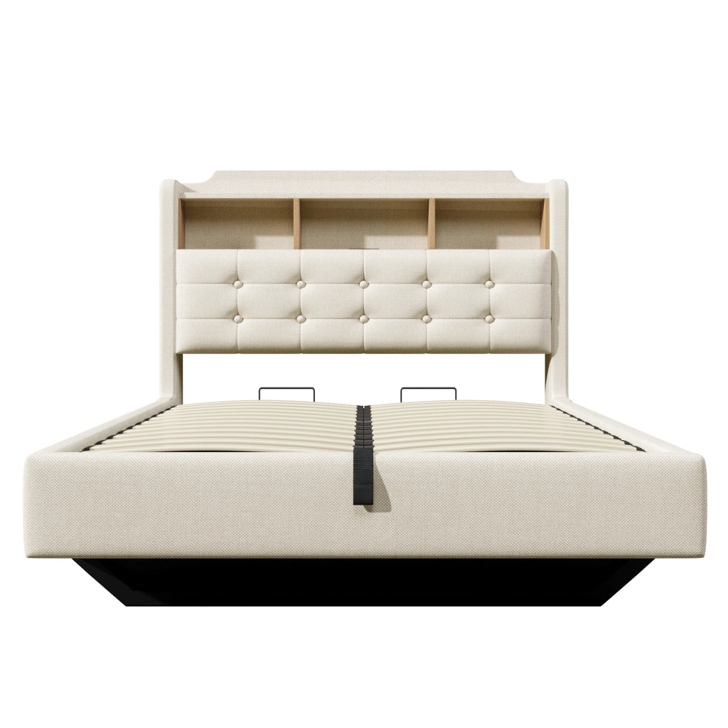 Letti contenitori 140x200 cm; con LED e contenitore idraulico; in lino; beige (Senza materasso)