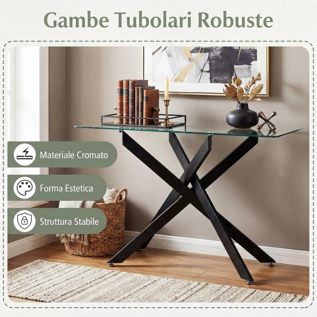 Consolle Ingresso in Vetro Temperato, Tavolo d'Ingresso con Gambe Incrociate in Metallo Placcato e Piedini Regolabili Antiscivolo, Tavolo per Corridoio, Entrata e Salotto (Nero)