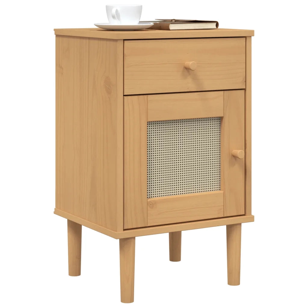 Comodino | Armadio da Notte | Mobiletto da notte SENJA Aspetto Rattan Marrone 40x35x65 cm in Legno Pino