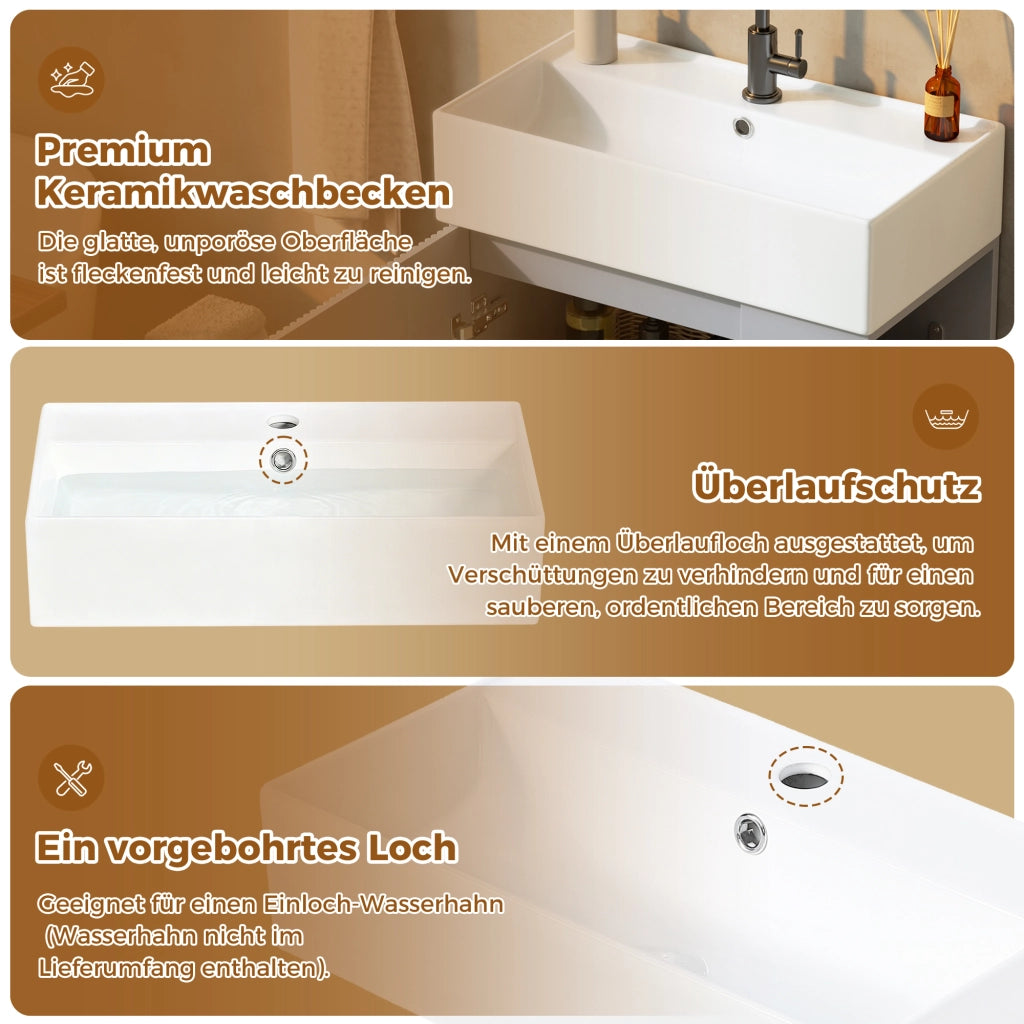 Mobile sottolavabo con lavabo in ceramica anta a chiusura ammortizzata e portarotolo removibile grigio 55 × 32 × 87 cm