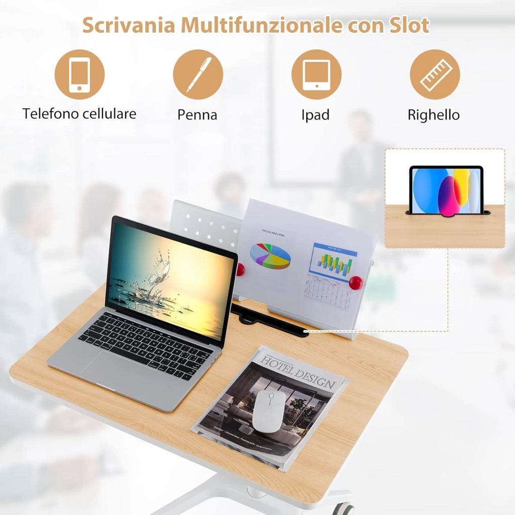 Scrivania Regolabile in Altezza, Tavolino da Letto e Divano con Supporto Rimovibile e sistema di sollevamento, Tavolino per Ospedale, Ufficio e Casa, Portata 45 kg