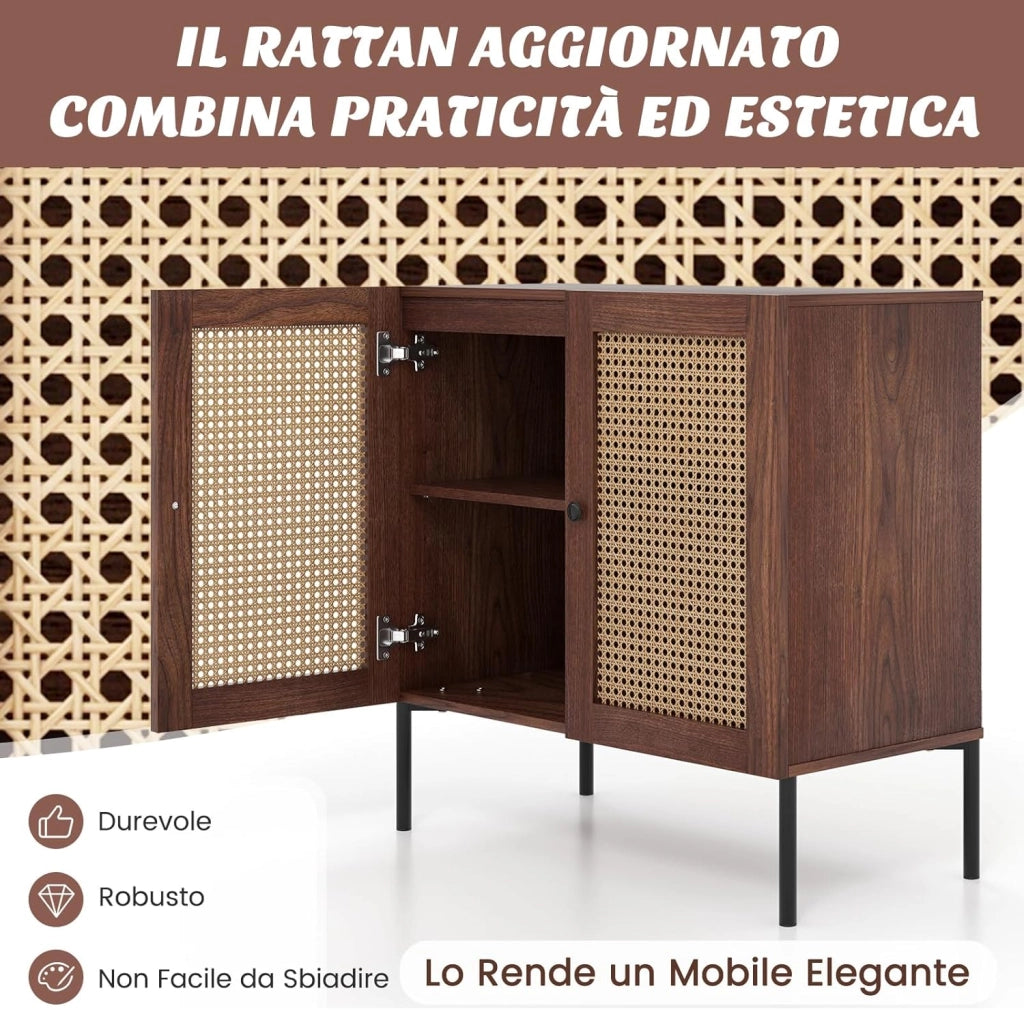Credenza con 2 Ante in Rattan, Mobile Buffet da Cucina con Ripiano Regolabile in 3 Posizioni, Mobile per Cucina, Sala da Pranzo e Soggiorno, 80 x 40 x 80 cm (Noce)