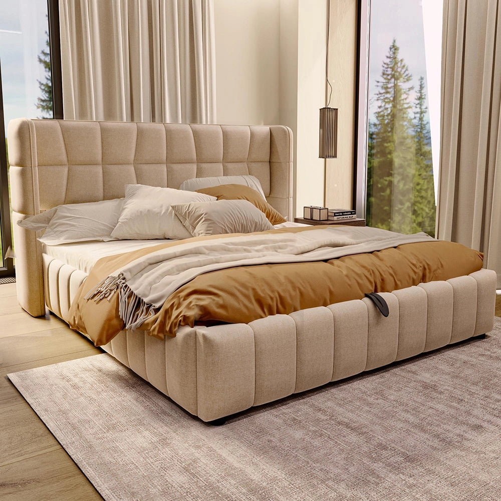 Letto imbottito matrimoniale - Xylo - 180x200 cm - Beige - Sistema di stoccaggio pneumatico