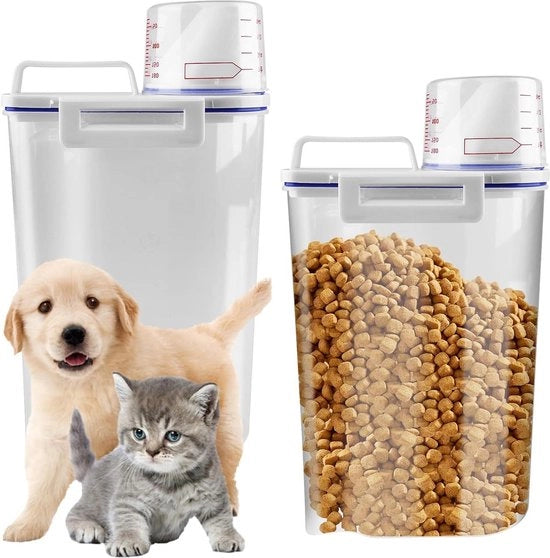 Scatola di stoccaggio con misurino - 2 pezzi - 25 l - ermetico - dispenser in plastica - contenitore per doni - ciotola per cibo per gatti - contenitore di riserva - contenitore per cibo per animali domestici - cibo secco - riso - farina - detersivo.