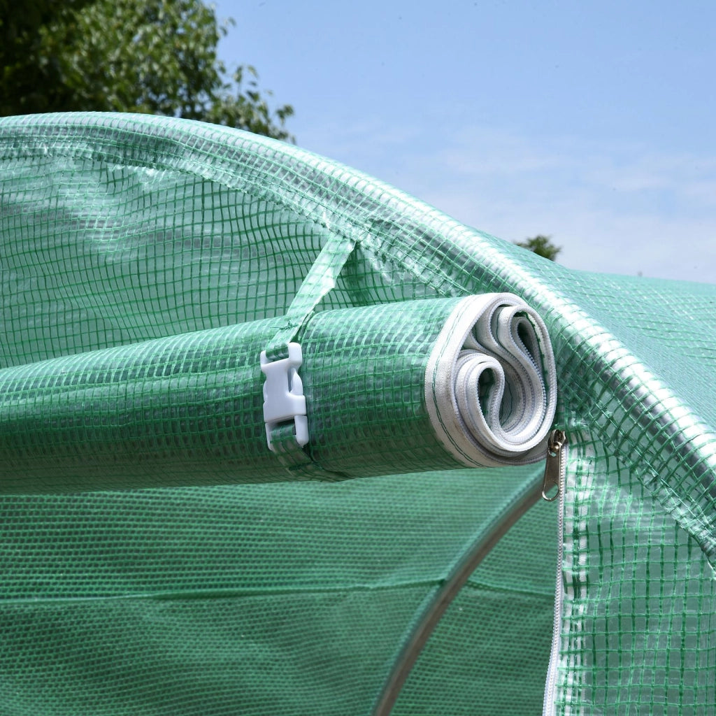 Serra a tunnel con finestre a rete, 395x195x190 cm, struttura in acciaio e telo trasparente verde