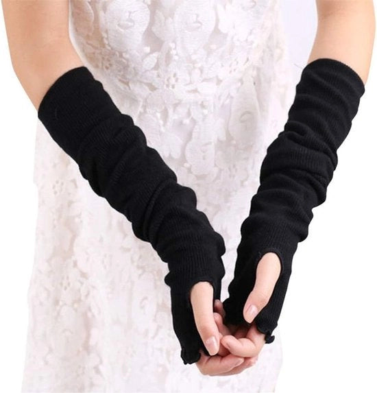 Maniche a sbuffo senza dita per donne con apertura per il mignolo e bordo a stile foglia di loto - colore nero