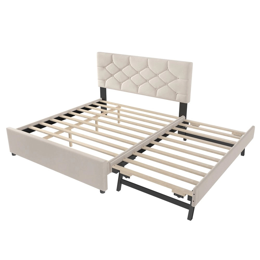 Letto Imbottito con Rete a Doghe e Cassetti ¨C Minimal ¨C Beige Velluto 140x200cm