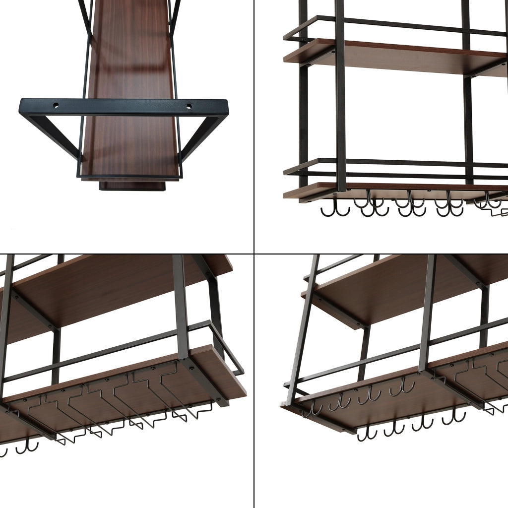Portabottiglie Sospeso da Soffitto Hubro con Binari per Calici e Ganci per Tazze 120x30x85 cm Nero/Effetto Noce [en.casa]