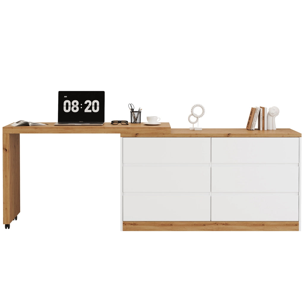 Scrivania girevole 2 in 1 con sideboard, 120 x 50 cm, 6 cassetti, bianco/effetto rovere, struttura in truciolare