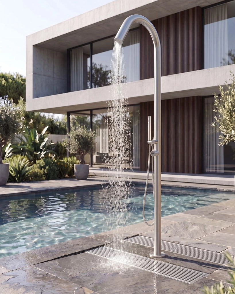 Set Doccia Miscelatore da Giardino per Esterni in Acciaio Inox Color Argento con Funzione Pioggia Moderno