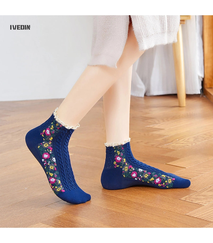 Calzini Caviglia Etnici con Motivi Floreali | Cotone per Donna e Bambina | Taglia Unica 35–40 EU