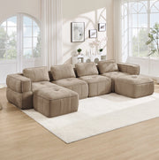 Divano modulare a U 4 posti con 2 pouf 344x162x67 cm in poliestere color sabbia