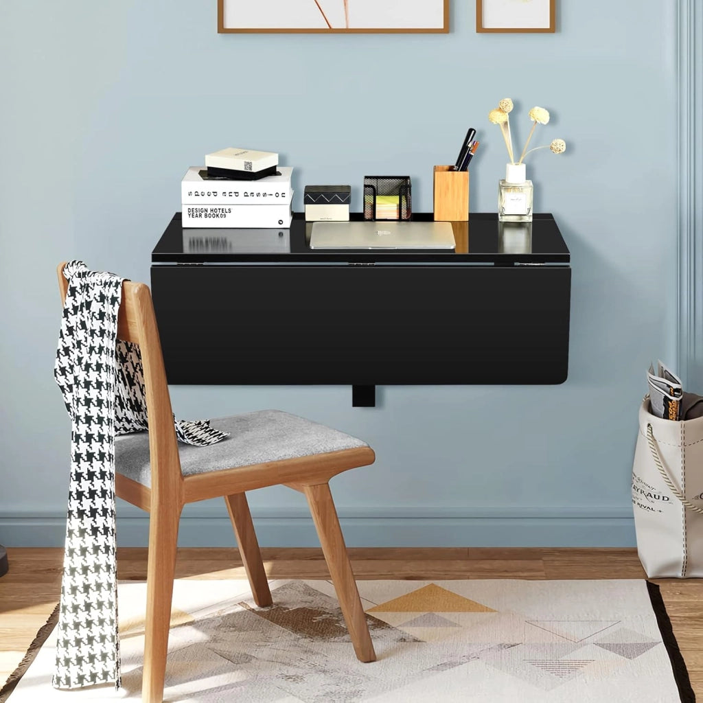 Tavolo Pieghevole a Muro, Piano Separato, Scrivanie Salvaspazio, Tavolino Pranzo in Legno, Supporto per Computer, Ideale per Camera e Appartamento, 80x60x45cm (Nero)