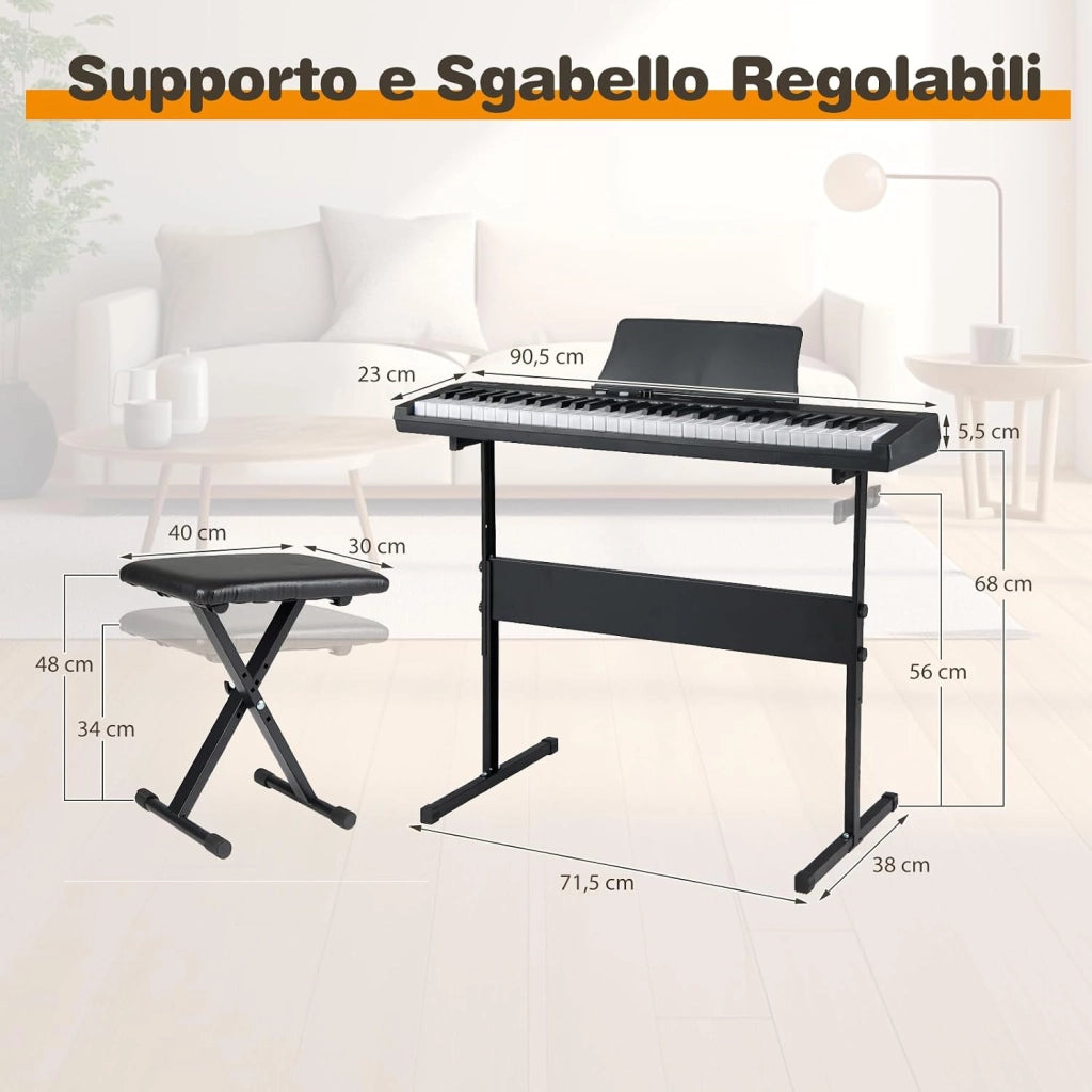 Tastiera Pianoforte a 61 Tasti, Set Pianoforte Elettrica con Supporto e Sgabello Regolabili, 128 Ritmi & 128 Toni e 80 Demo, Strumento Musicale per Bambini, Adolescenti e Adulti