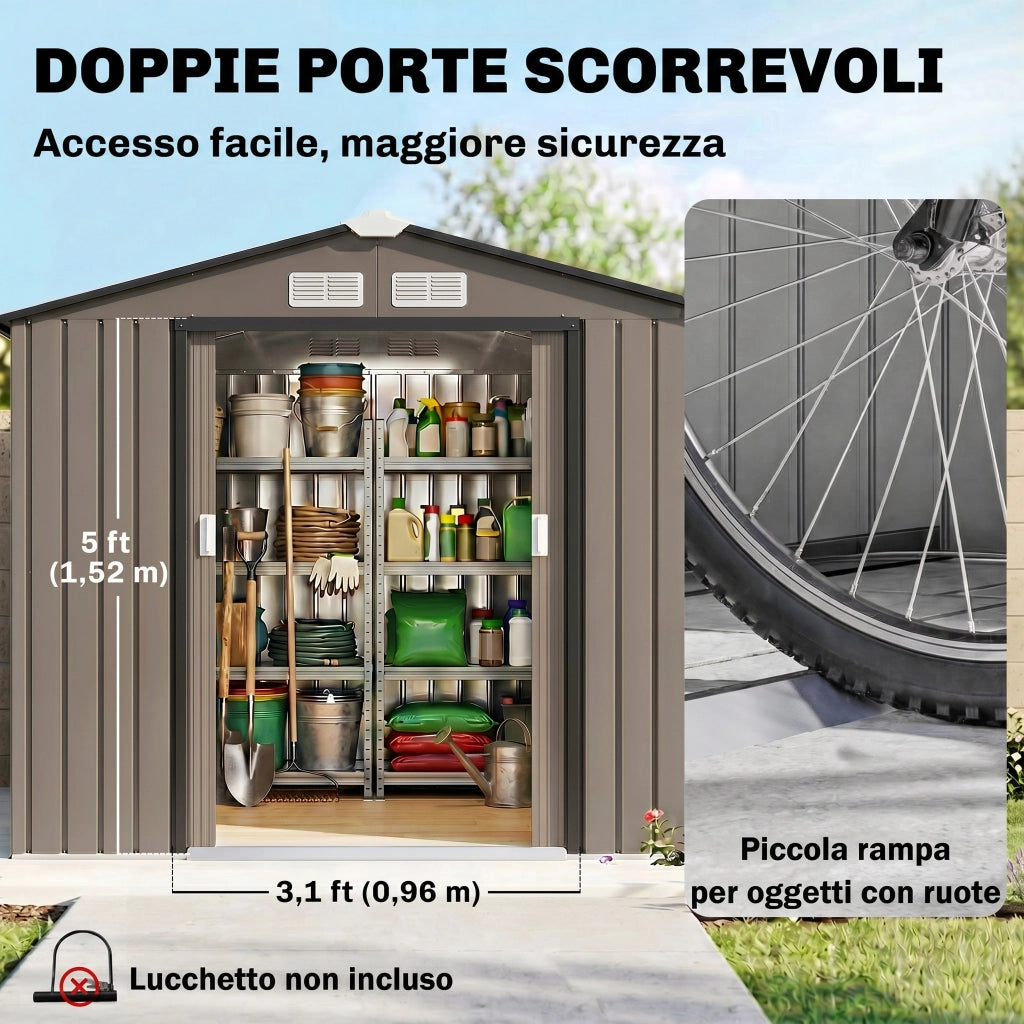 Casetta da Giardino in Metallo con Prese d'Aria e Doppia Porta Scorrevole. 2.1x1.3m. Marrone