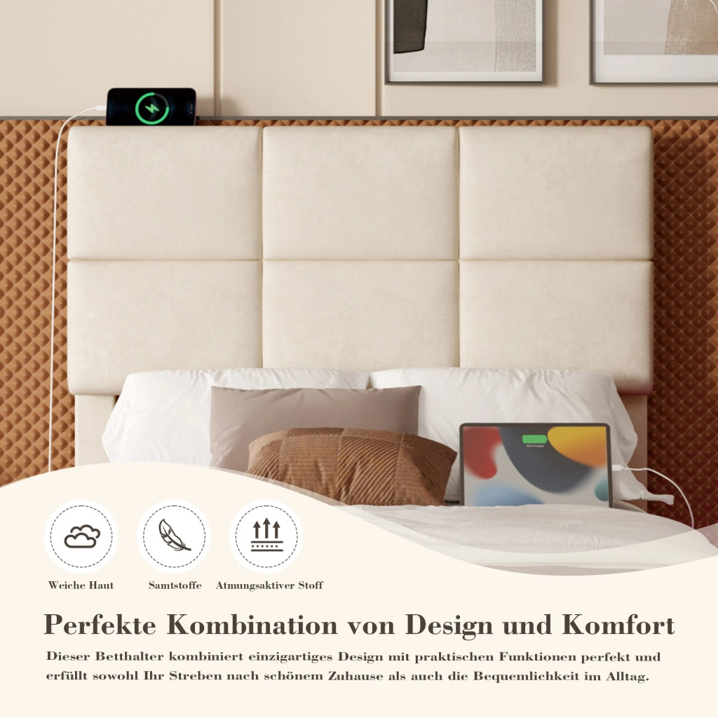 LETTO 90x200 cm in velluto beige con testiera regolabile e LED, senza materasso