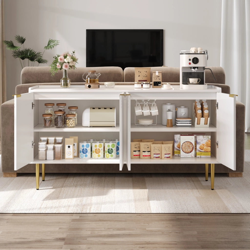 OKWISH Credenza con 4 Ante e Ripiani Regolabili, Gambe in Metallo Dorato, per Soggiorno o Ingresso, MDF, Bianco, 140 x 38 x 75 cm