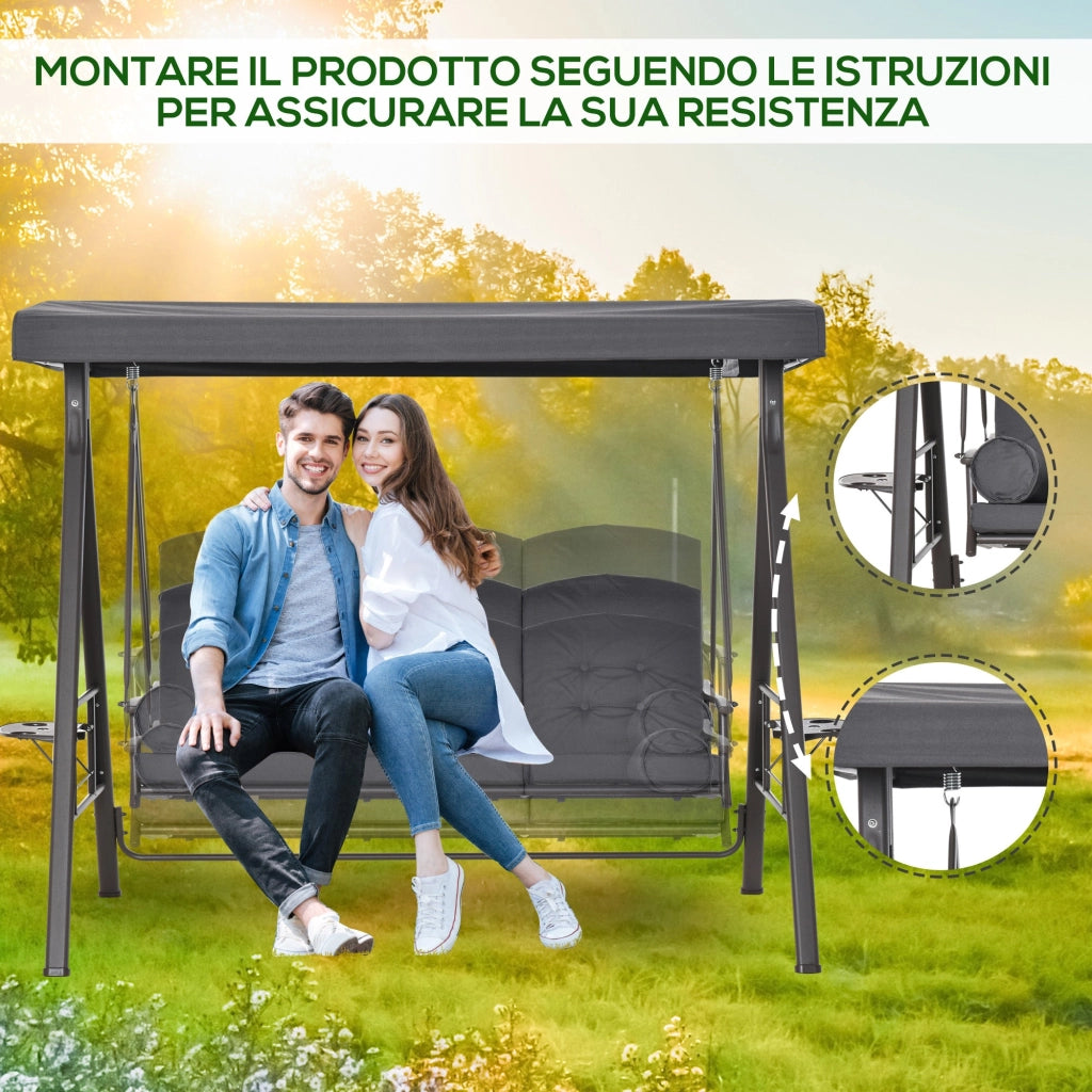 Dondolo da Giardino 3 Posti 208x120x172 cm Tetto Regolabile Portabicchieri e Cuscini Grigio