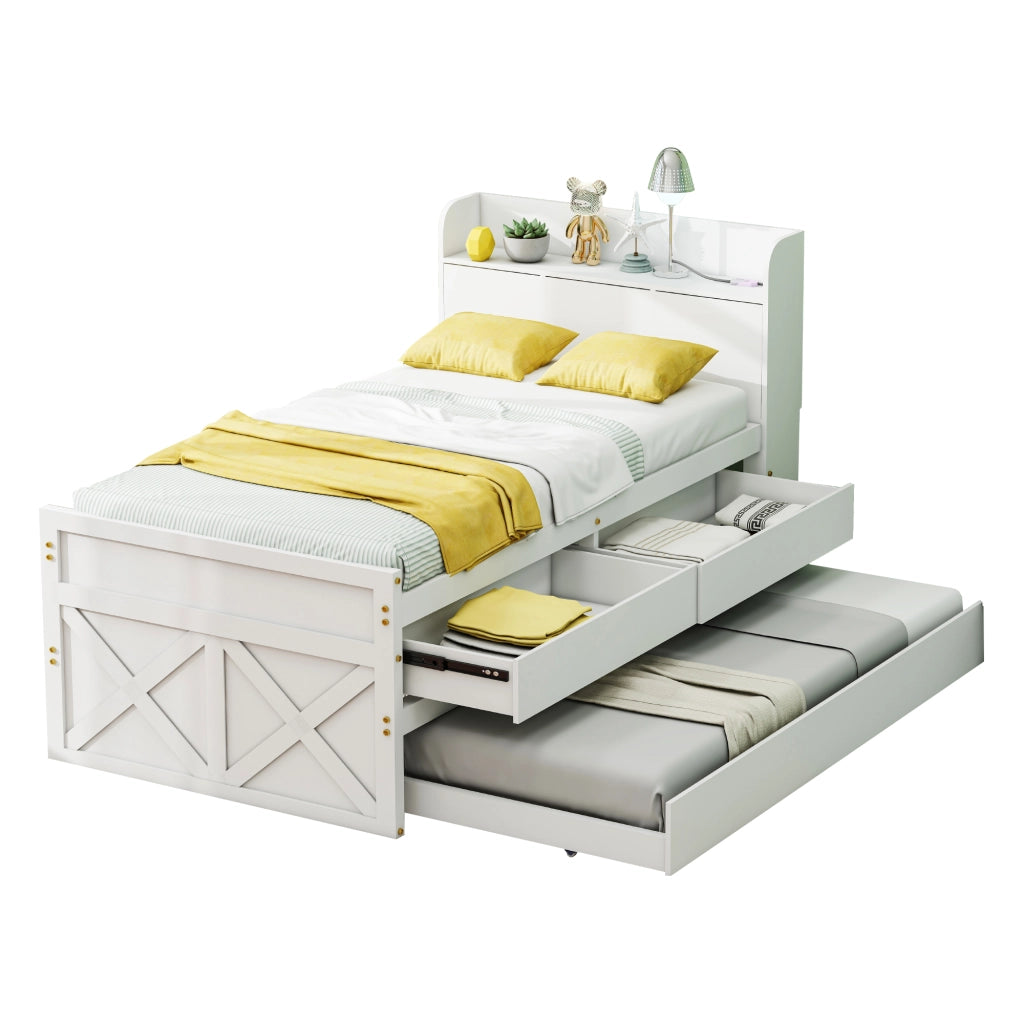 OKWISH Letto a Scomparsa 90×190 cm, Letto Singolo con Letto Estraibile, 2 Cassetti, USB e Comodino con Ripiani, senza Materasso, Legno Massello, Bianco