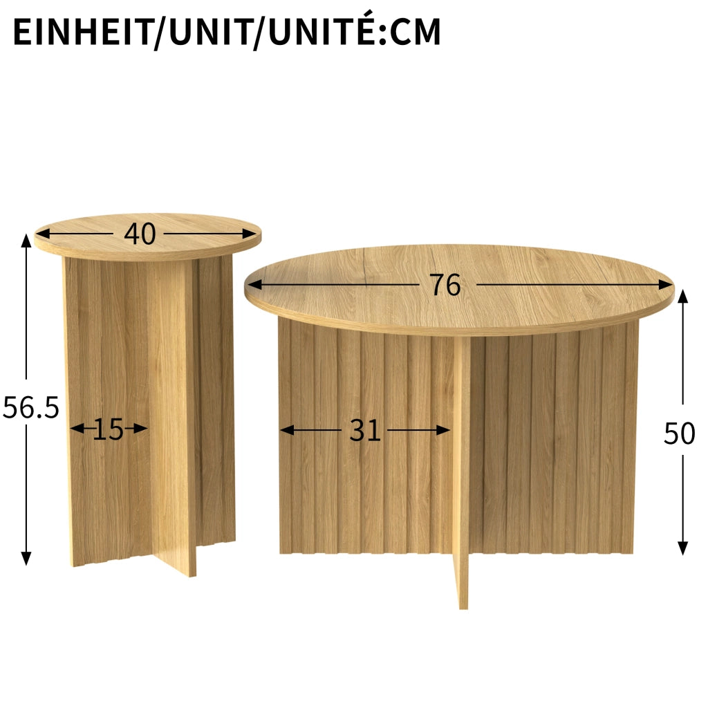 Tavolini da Salotto Rotondi Impilabili; Design Salvaspazio per Soggiorno; MDF e Pannelli di Particelle; Naturale