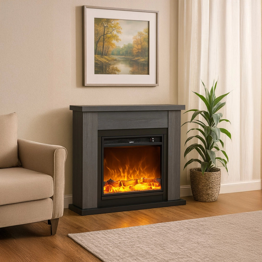 Caminetto Fuego Paolo Gris 1500w a Parete Con Cornice Telecomando e Bruciatore 1500w Grigio Scuro
