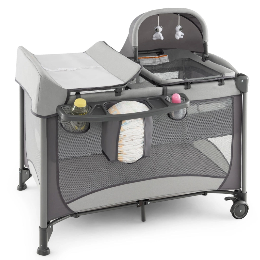 Culla da viaggio pieghevole per neonati con fasciatoio, Lettino a ruote multifunzionale 5 in 1 portata 15kg Grigio-Culle