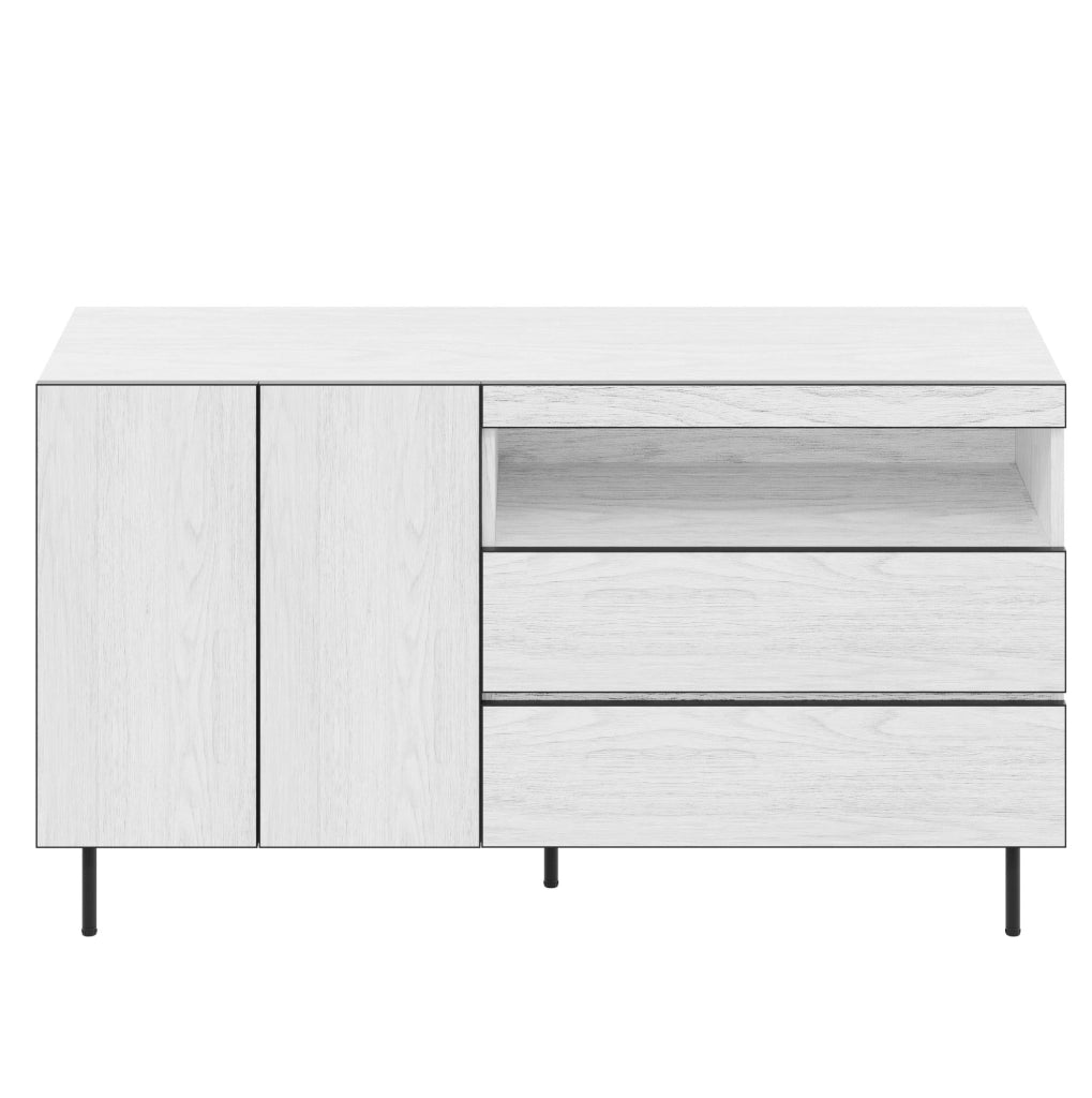 Credenza ULEVR 140x42x77 cm con ante senza maniglie, cassetti e ripiani aperti, bianca