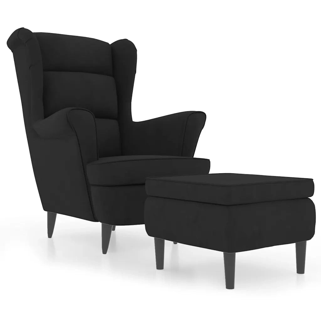 Poltrona | Sedia Relax con Schienale ad Ala con Poggiapiedi Nero in Velluto