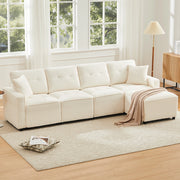 Divano dritto 4 posti con contenitore e pouf modulare, in velluto a coste, Beige, 280 × 146 × 85 cm