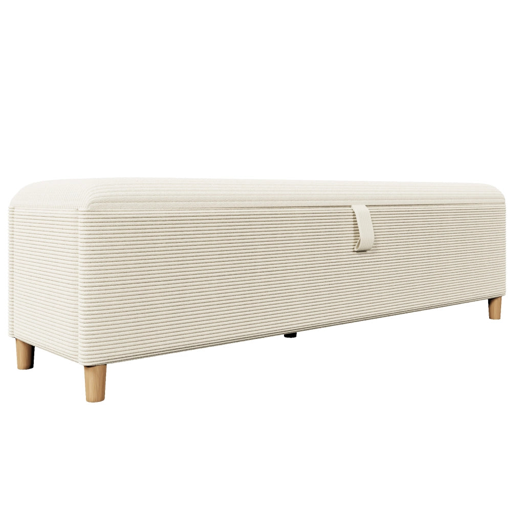 Letto matrimoniale 160x200 cm in legno e corduroy beige con contenitore; LED e panca