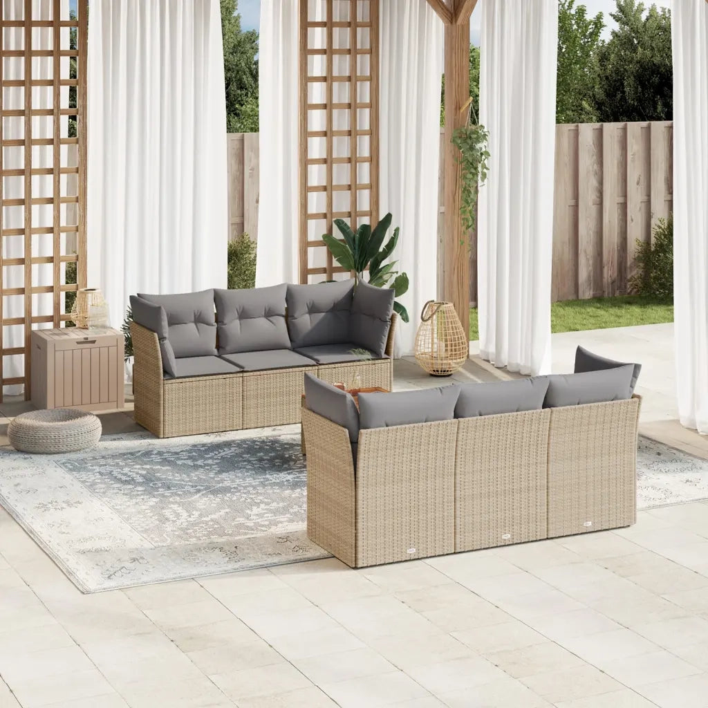 Set Divani da Giardino 7 pz con Cuscini Beige in Polyrattan