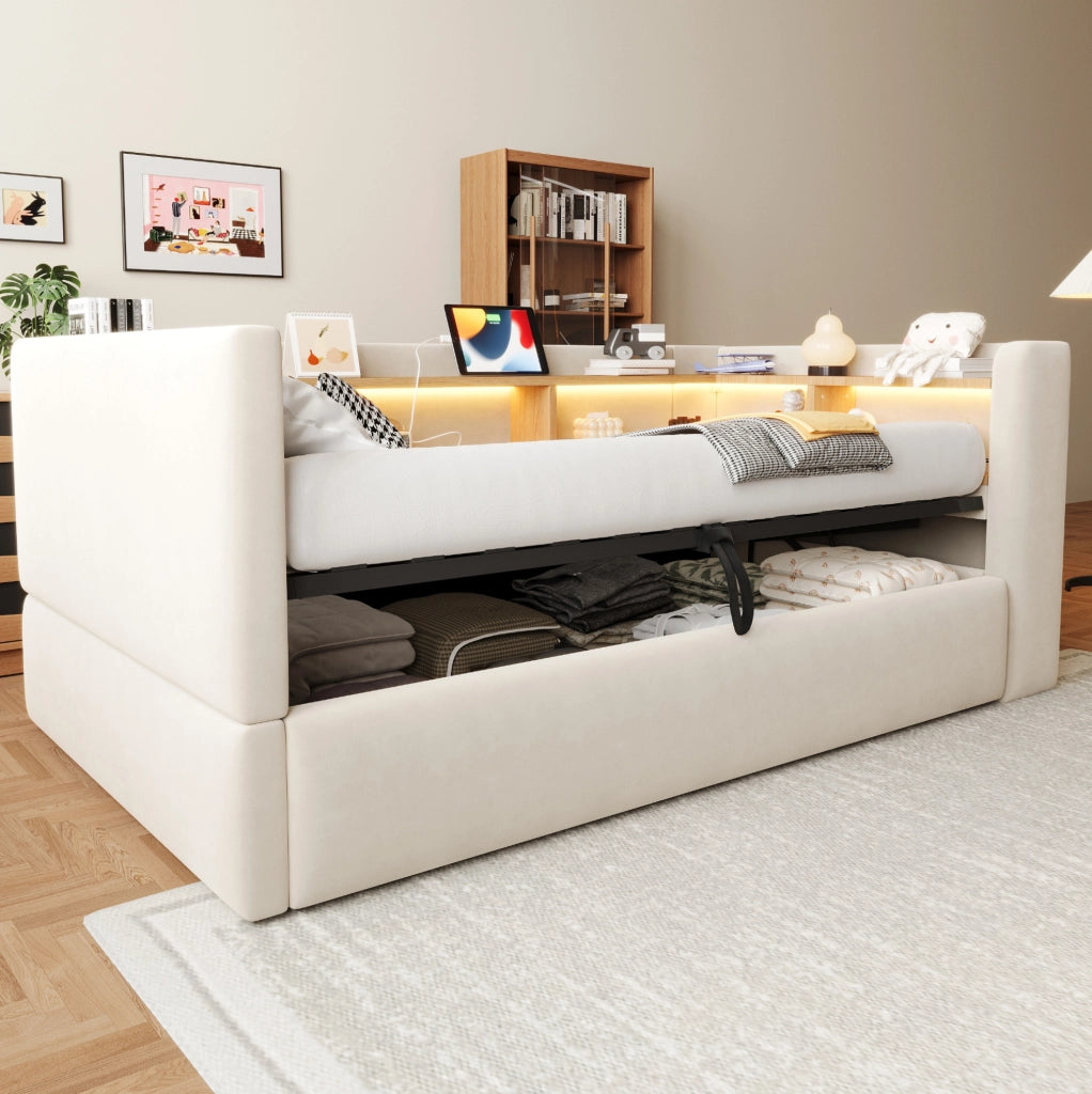 Divano letto imbottito 90x190 cm con contenitore idraulico; LED e prese; beige