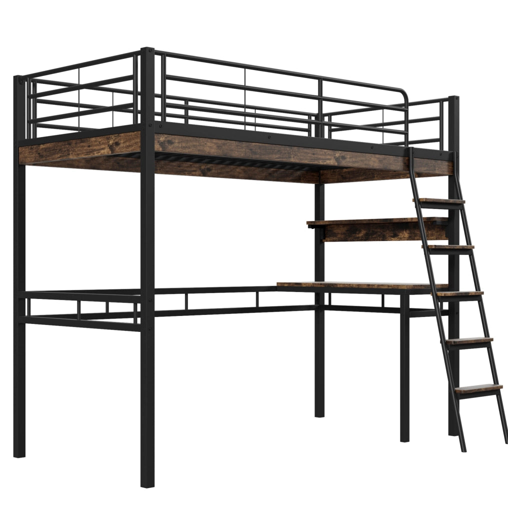 Letto a soppalco 90x200 cm con scrivania e ripiani; struttura in metallo nero (Senza materasso)