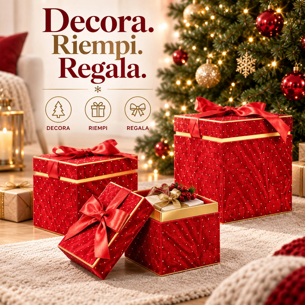 Set 3 Scatole Quadrate Decorazione Natalizia Rosso 16/20/25cm Scatola con Fiocco