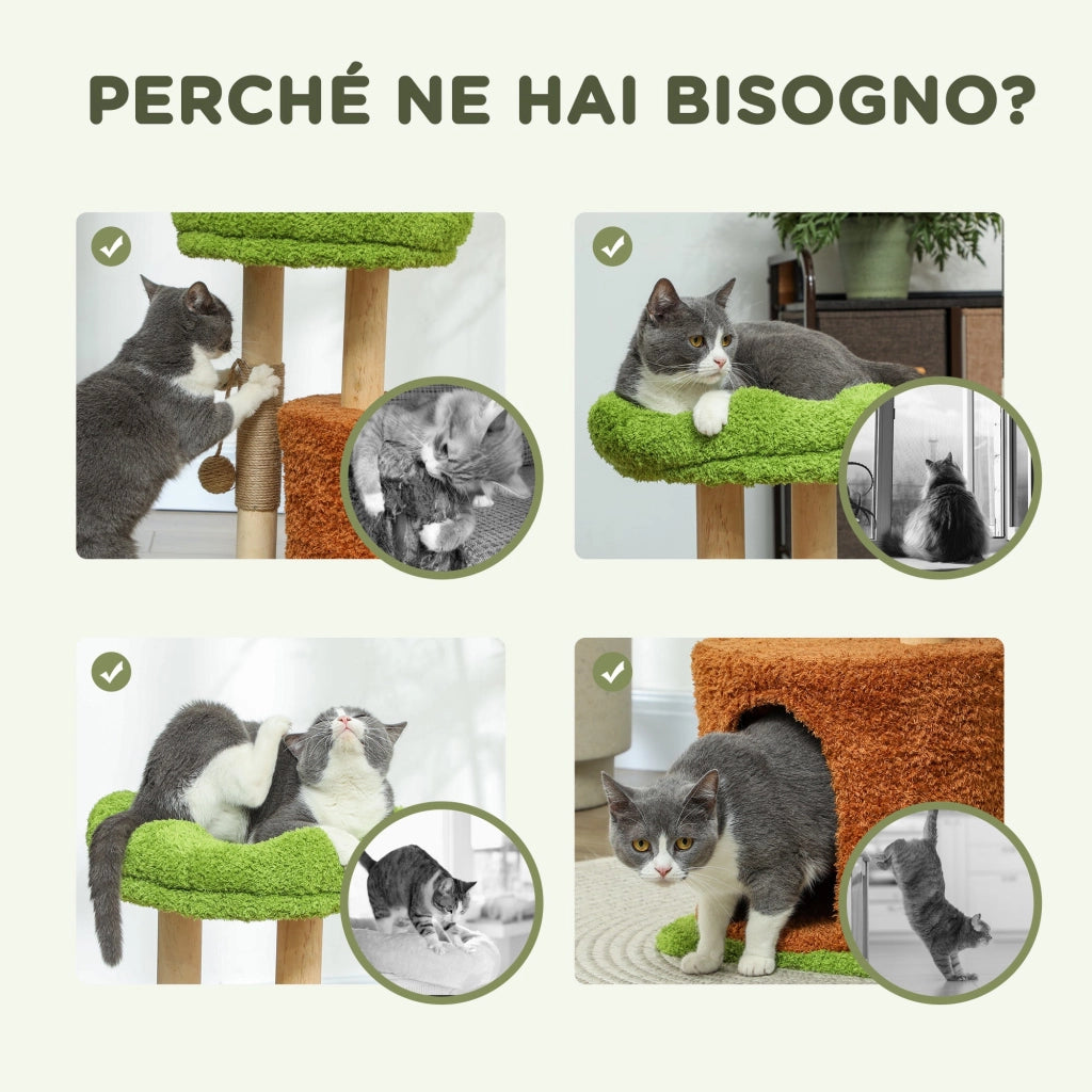 Albero Tiragraffi per Gatti con Casetta Lettino e Gioco 44x33x61 cm in Legno e Peluche Verde