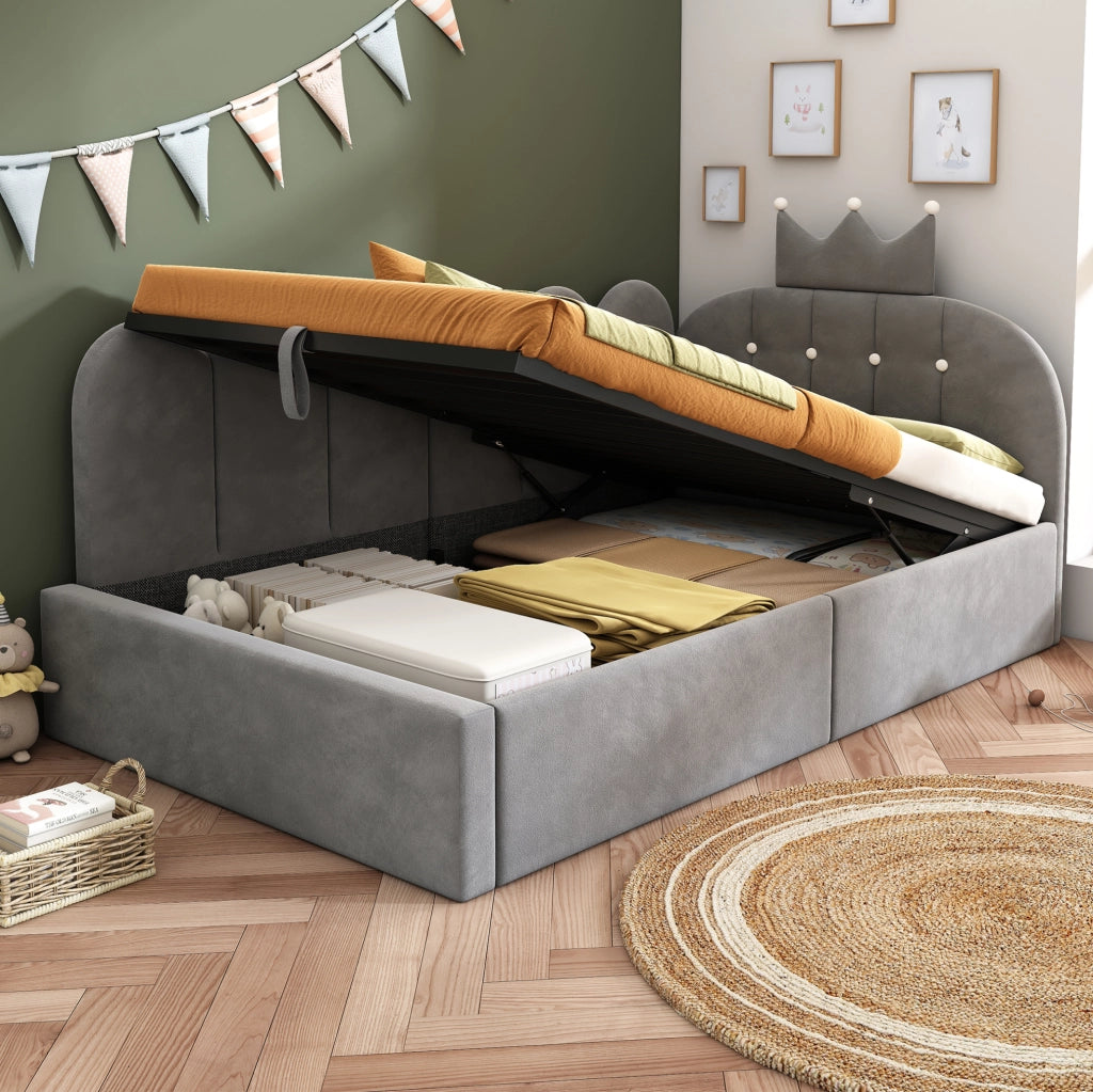 Daybed imbottito 90x190 cm in velluto grigio con vano contenitore idraulico