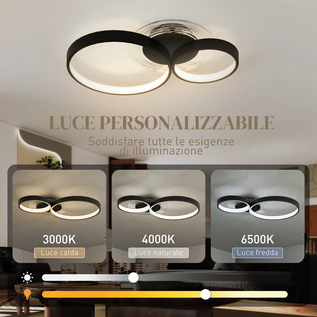 Plafoniera LED Moderna a 3 Anelli con Temperatura Colore Regolabile, Potenza 40W, Nero