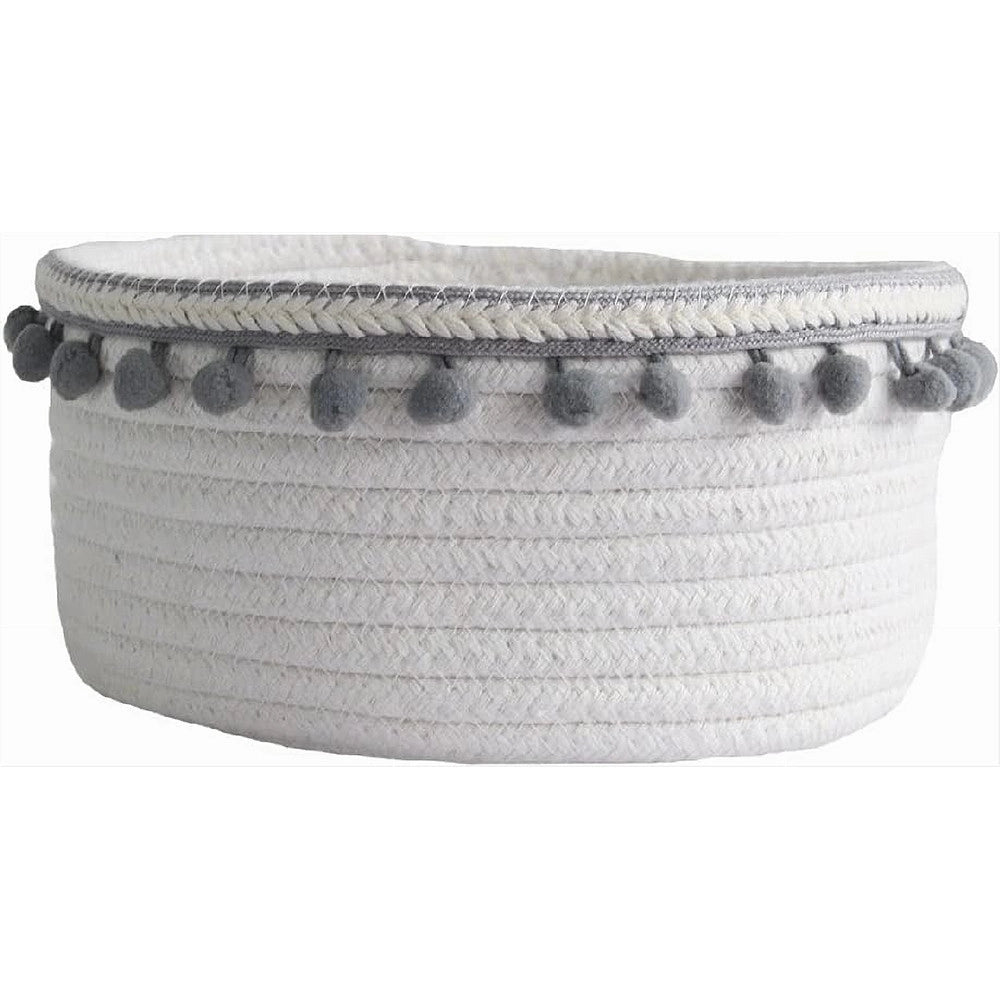 Trade Shop - Cesto Porta Oggetti Per Biancheria In Corda Pon Pon Grigi Cestino 22x9.5cm 10670 -