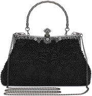 Borsa da sera in pelle con perle per donna vintage 1920s con modello di tasca e perle, nera, elegante borsa da sera con perle per donna per matrimonio e feste